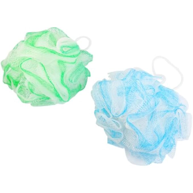 Bathroom Body Washing Shower Ball Shape Blue Green Nylon Mesh Nets Pouf 2 Pcs